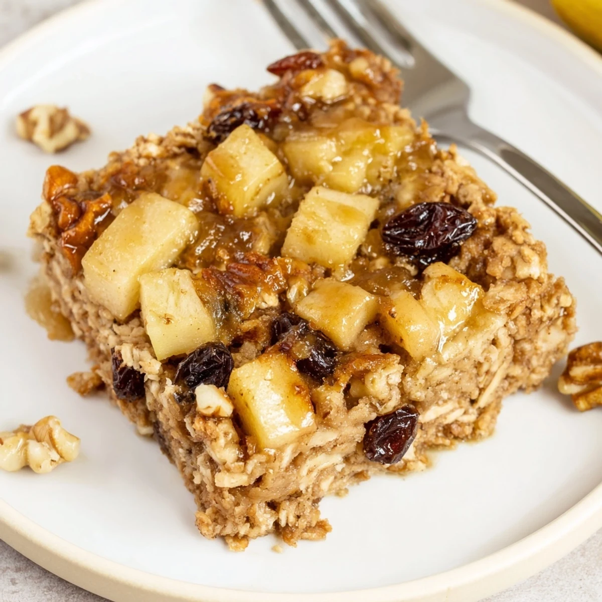 Warm, sliced Delicious Apple Cinnamon Oatmeal Bake Recipe For Mornings drizzled with maple syrup