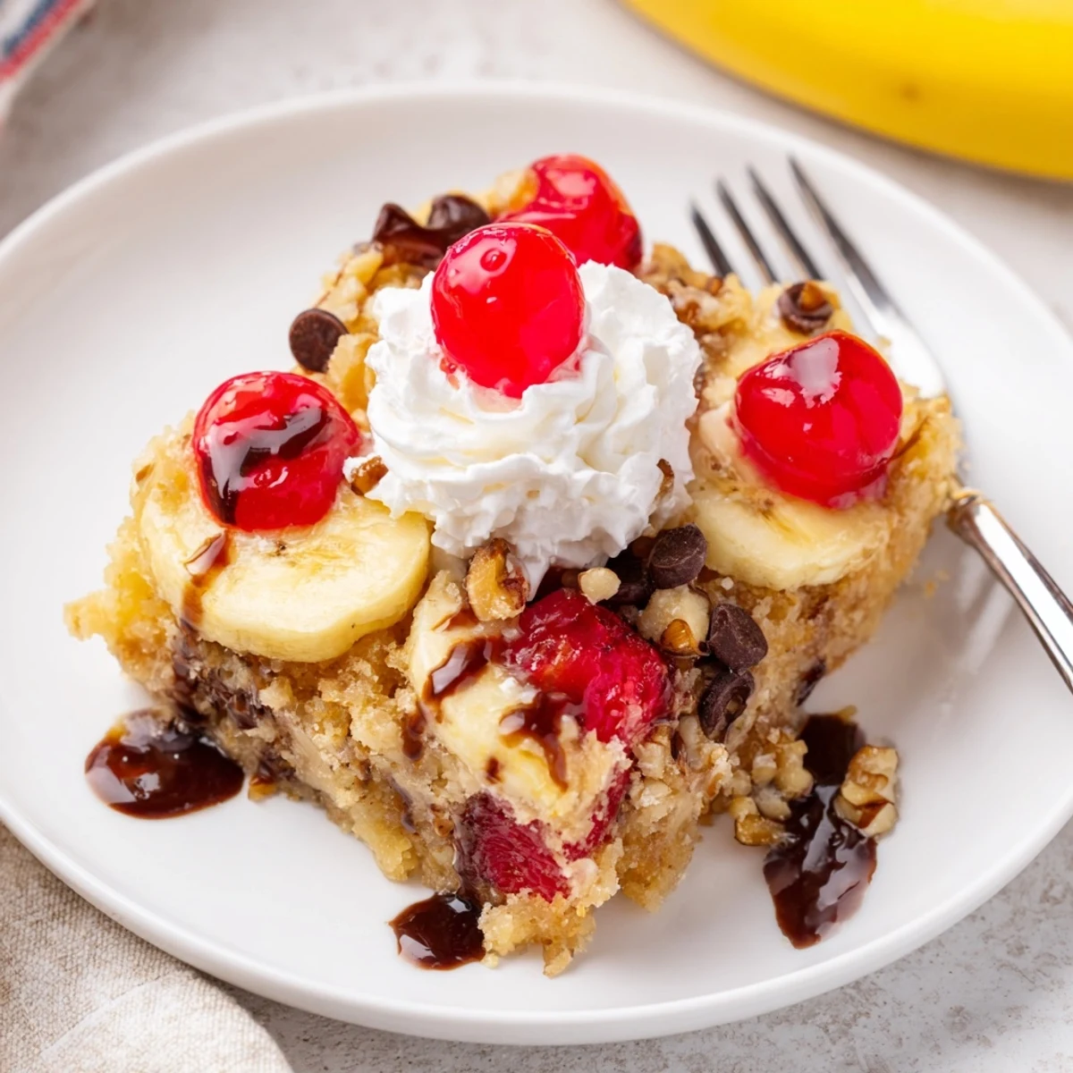 Warm Banana Split Dump Cake bubbling at edges, golden top, cherries and chocolate.