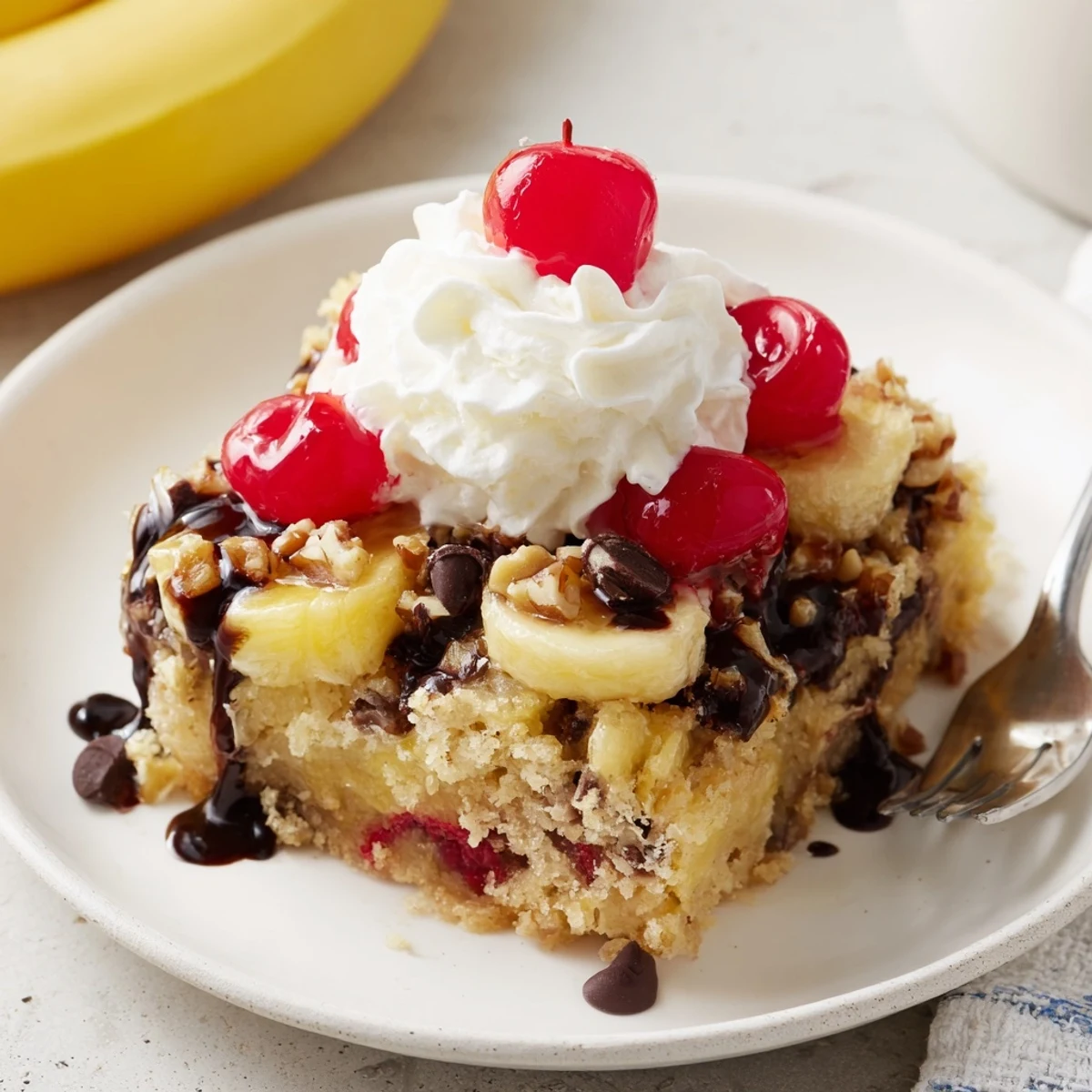 Sliced bananas and pineapple peeking under Banana Split Dump Cake, creamy whipped topping.