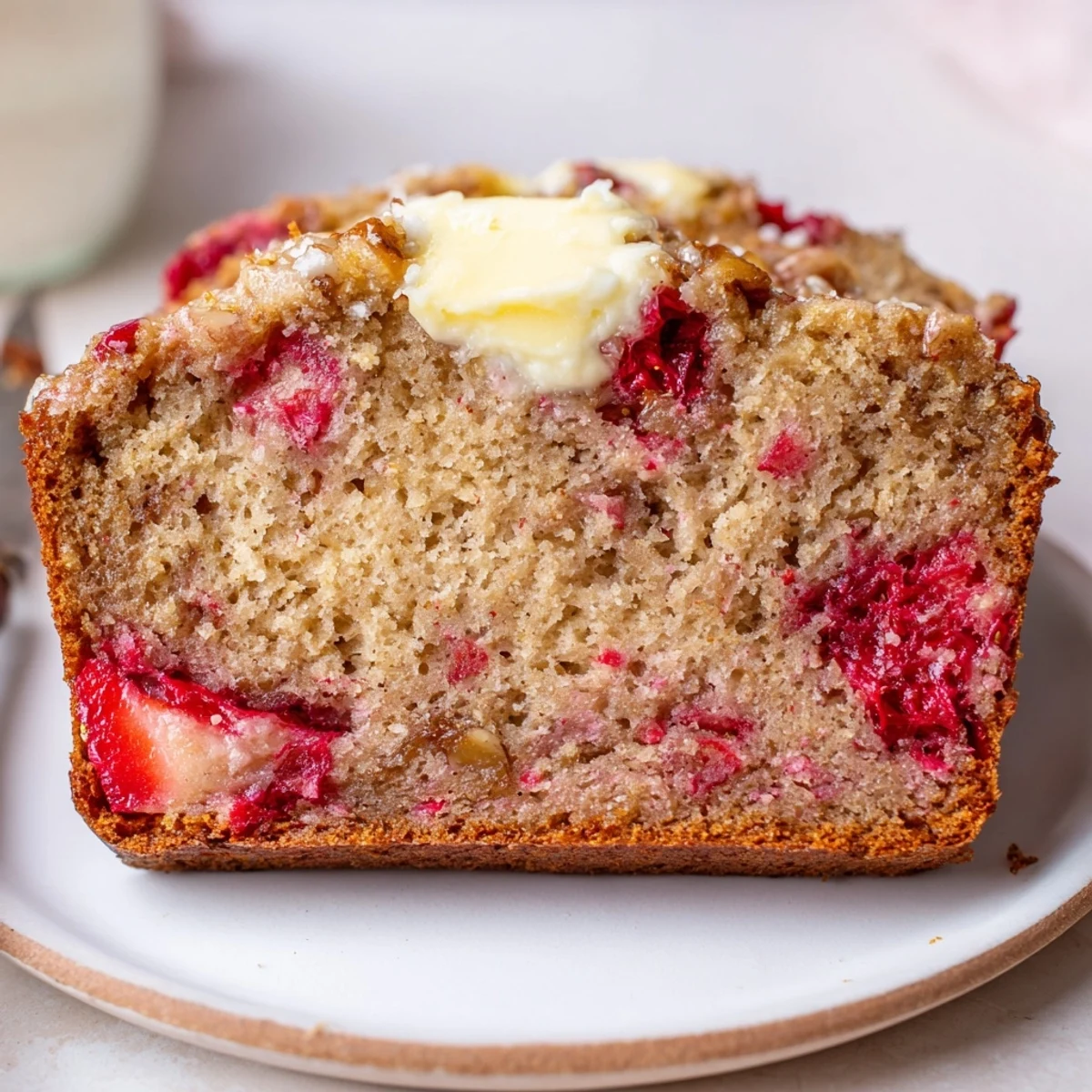 Strawberry Banana Bread Recipe: warm loaf sliced, sweet berries and banana aroma