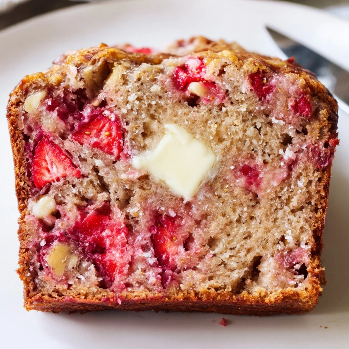 Homestyle Strawberry Banana Bread Recipe loaf studded with red strawberries, golden crumb
