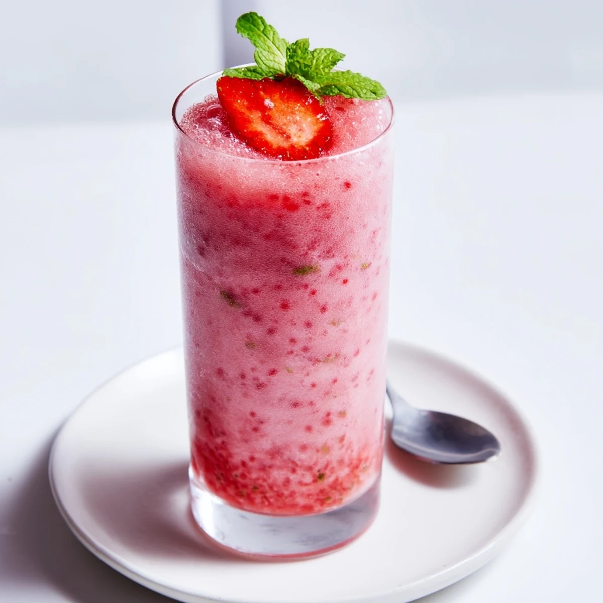 Frothy chilled Strawberry Coconut Cooler Recipe with mint garnish, bright strawberry aroma.