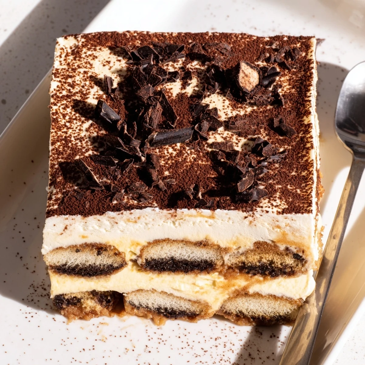 Homemade tiramisu recipe showing layered espresso-soaked ladyfingers beneath creamy mascarpone filling dusted with cocoa powder