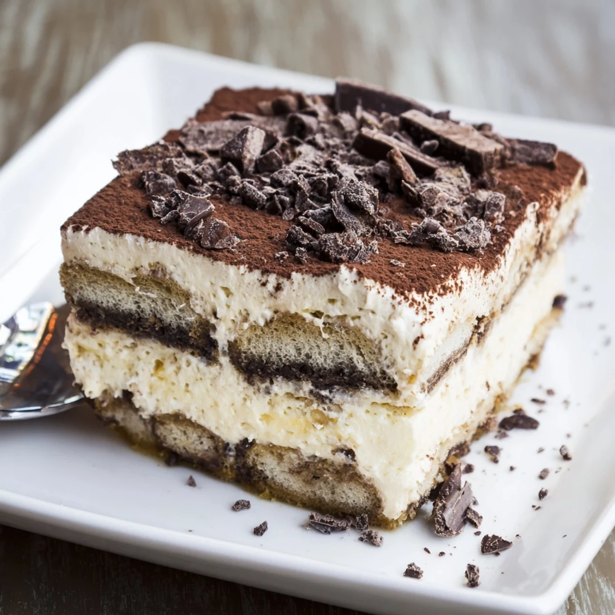 Classic Italian tiramisu recipe displayed in a glass square dish with cocoa powder and dark chocolate shavings