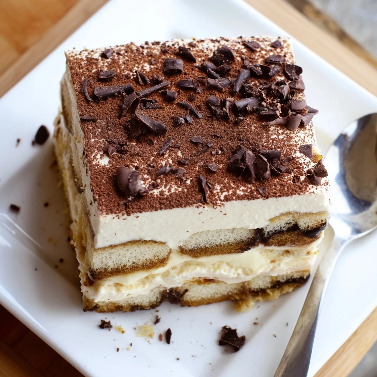 Slice of rich tiramisu recipe revealing coffee-dipped ladyfinger layers beneath smooth mascarpone cream and chocolate topping