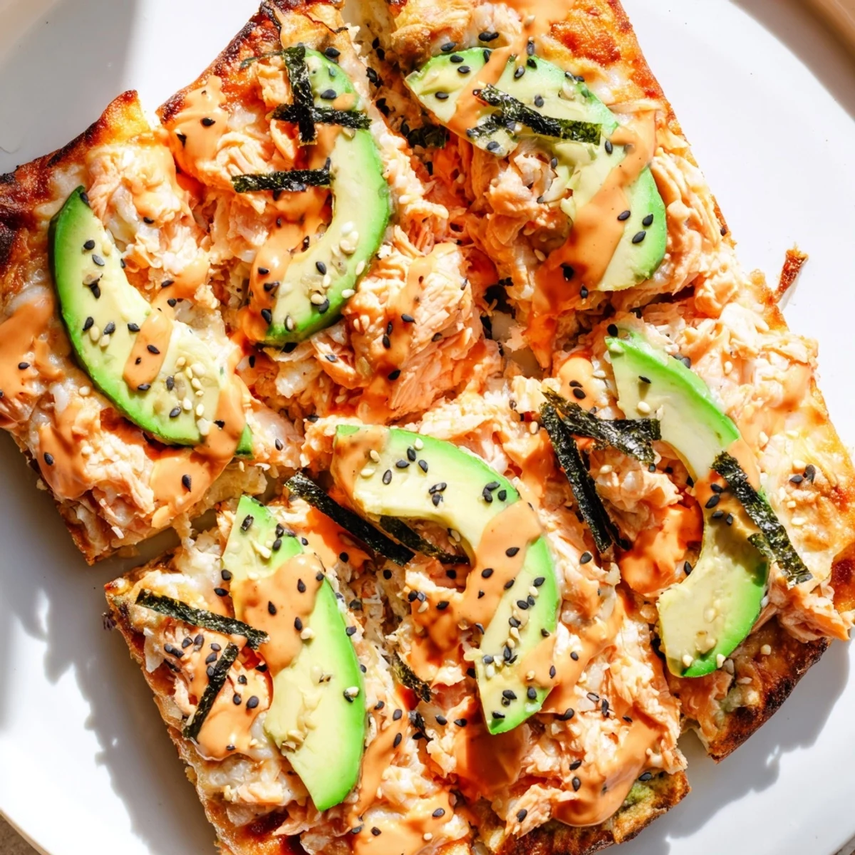 Golden baked salmon sushi flatbread pizza topped with creamy cheese and fresh avocado slices
