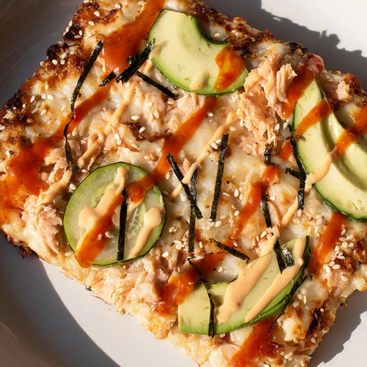 Fusion sushi bake pizza featuring melted mozzarella cucumber and nori on warm naan