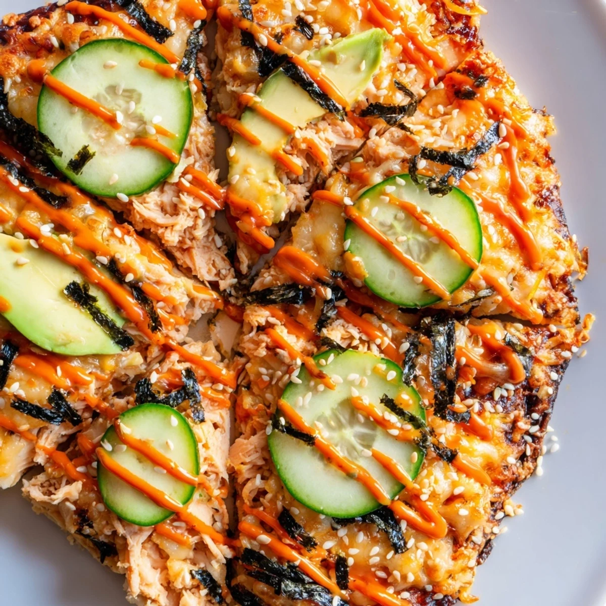 Crispy flatbread loaded with savory salmon rice mixture and spicy sriracha mayo drizzle