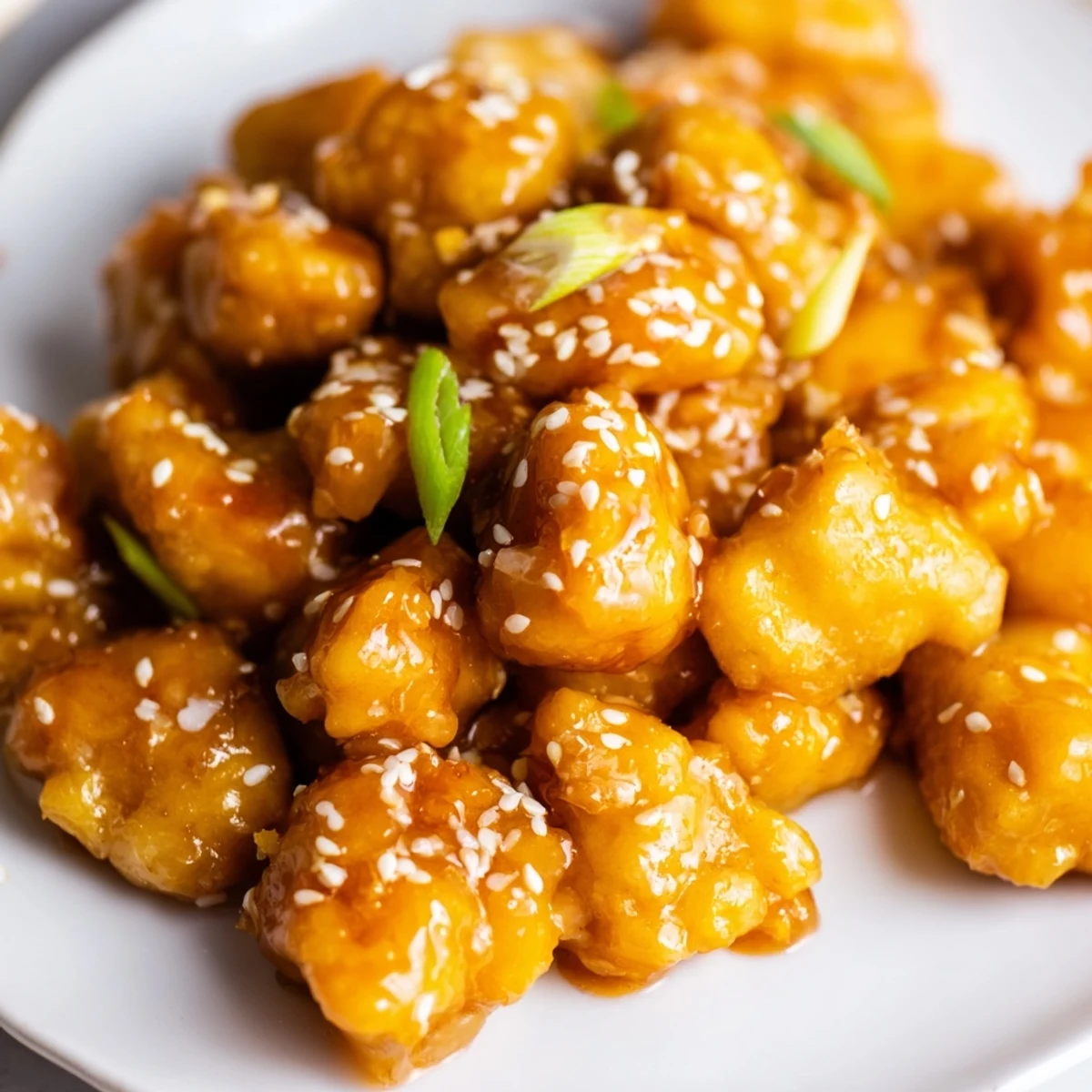 Golden orange glazed chicken drizzled with tangy sweet sauce over fluffy white jasmine rice