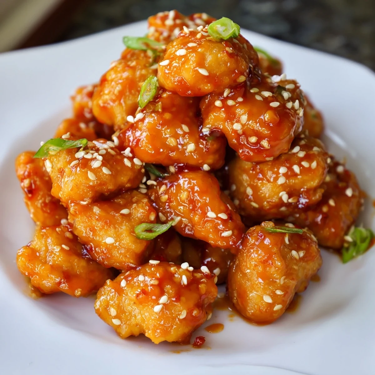 Sizzling orange glazed chicken pieces coated in glossy sauce served atop steamed rice bowl