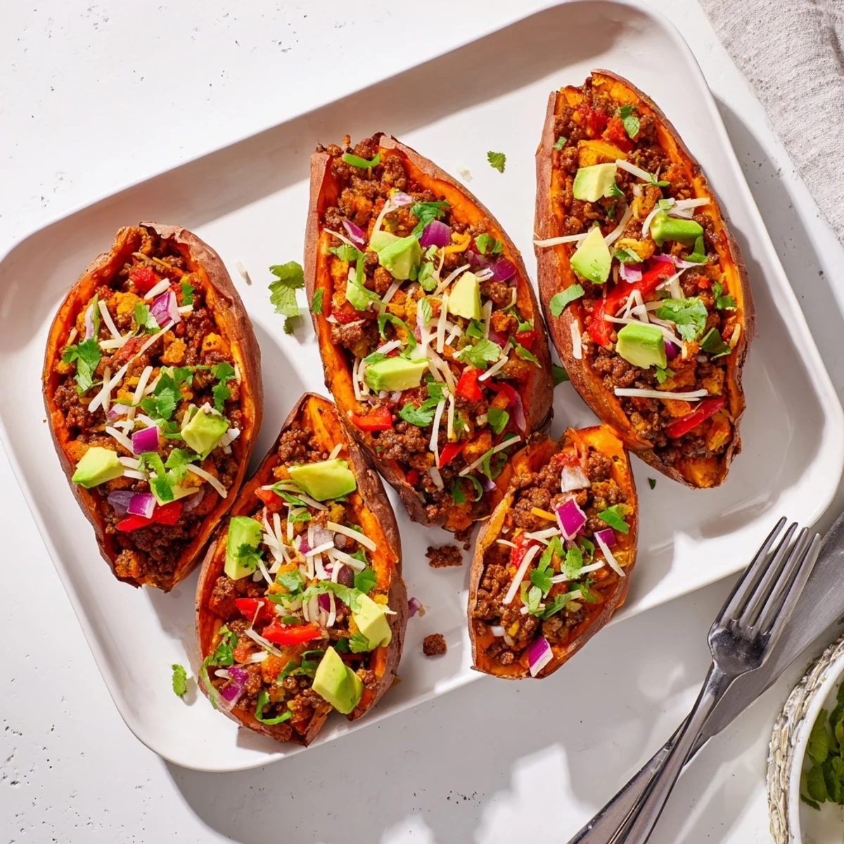 Roasted sweet potato boats filled with spicy hot honey ground beef topped with melted cheese and fresh cilantro
