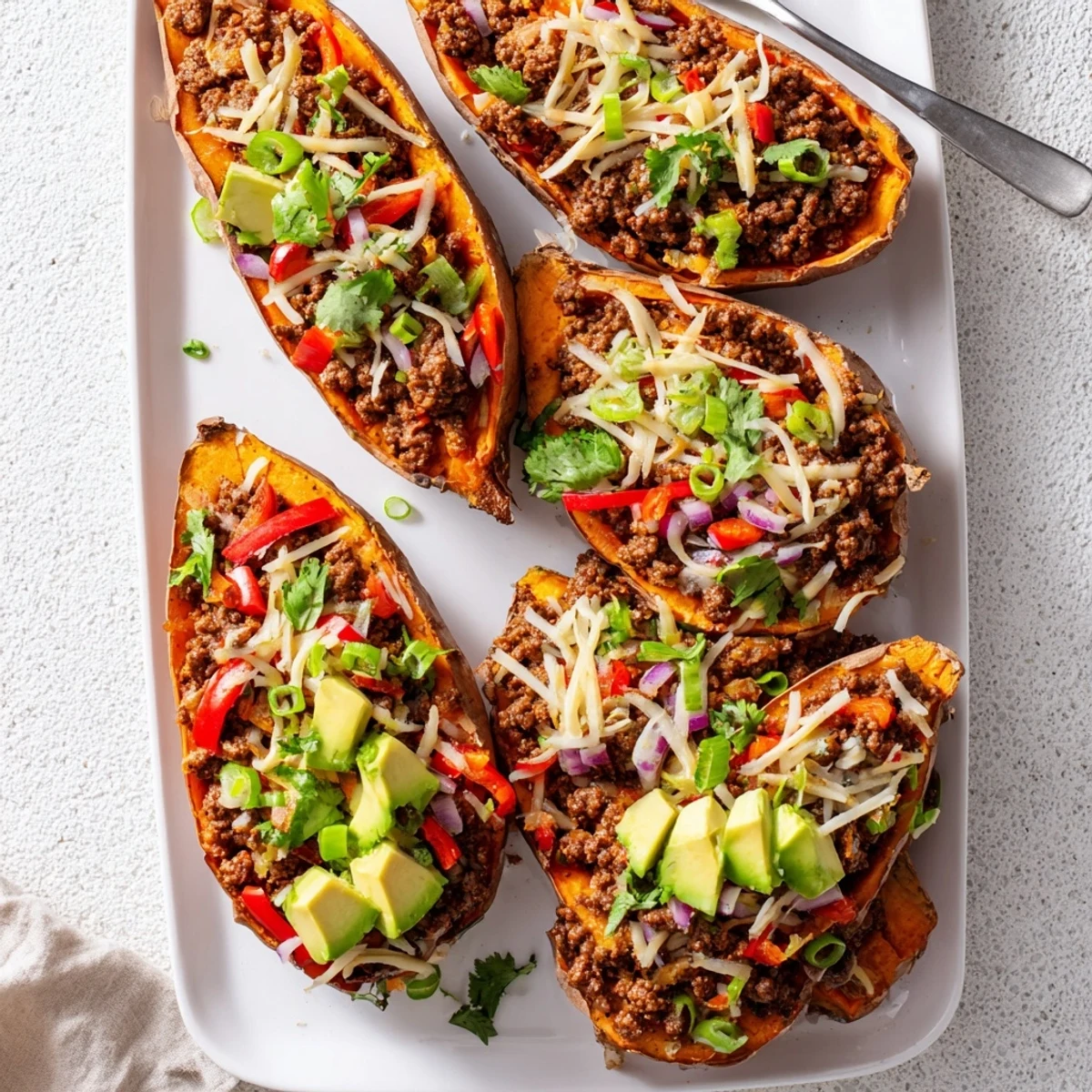 Fluffy baked sweet potatoes stuffed with savory sweet ground beef mixture drizzled with hot honey for dinner