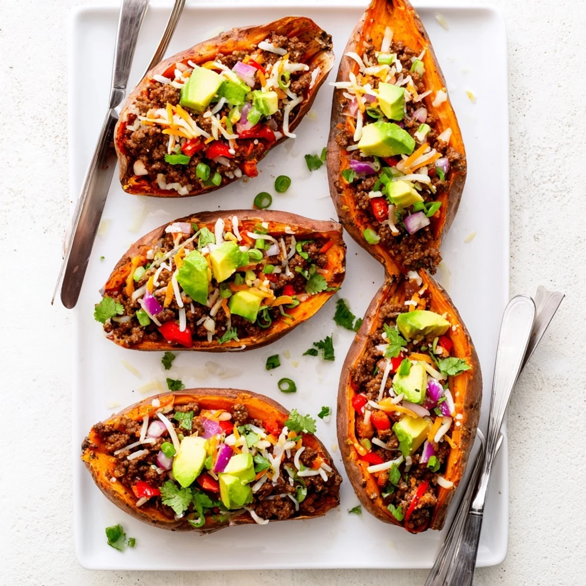 Golden roasted sweet potatoes loaded with seasoned ground beef and colorful bell peppers finished with hot honey glaze