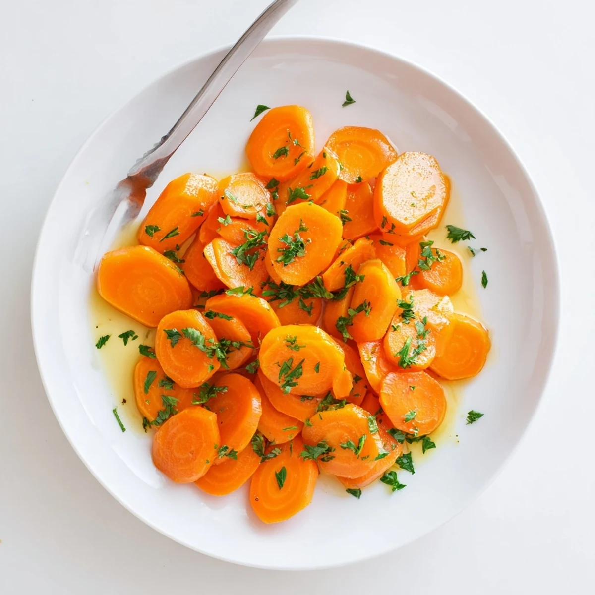 Tender caramelized carrot pieces coated in shiny sweet honey glaze on rustic wooden board