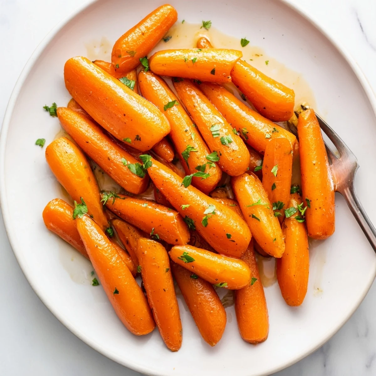 Glossy honey glazed carrots in a ceramic bowl ready for holiday dinner table serving