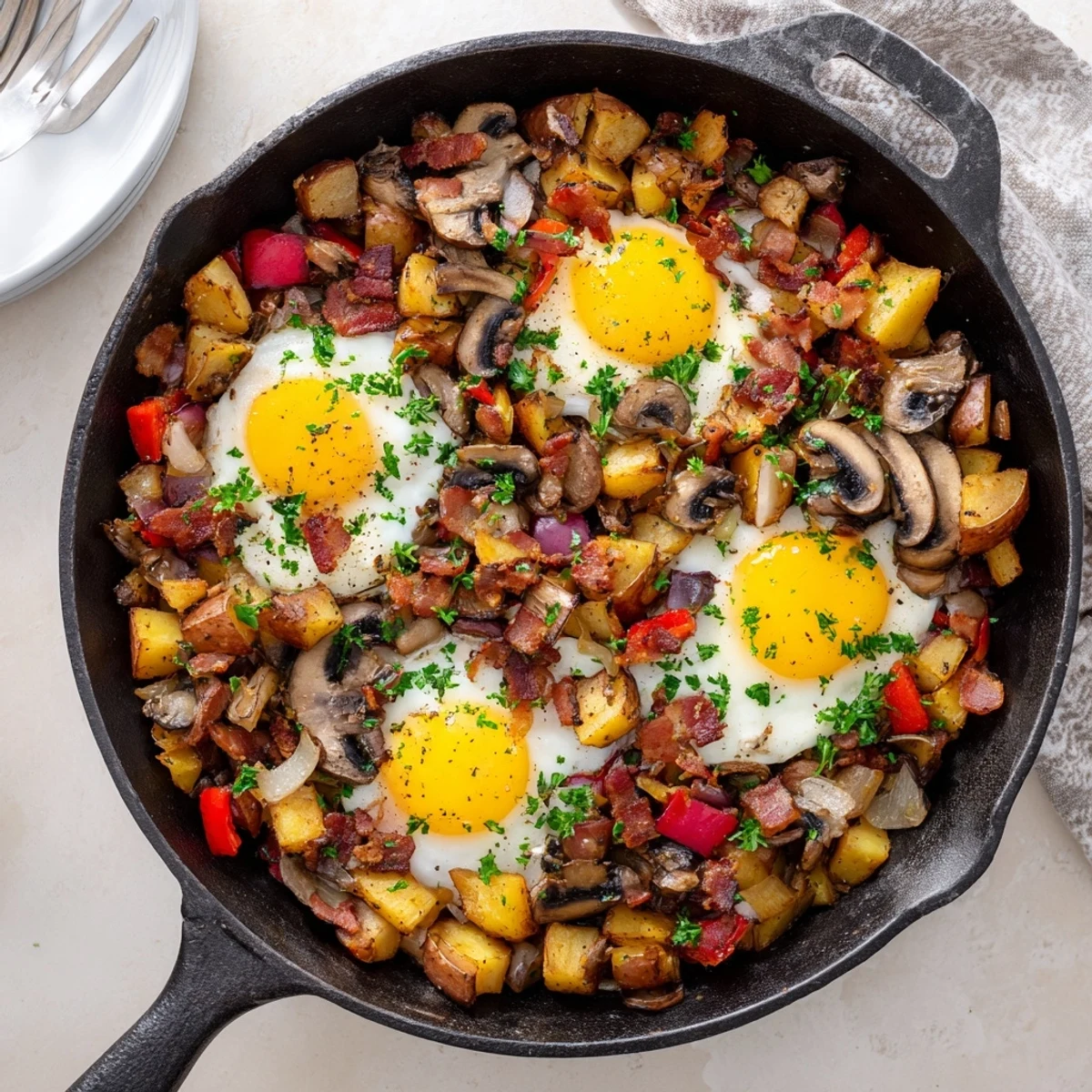 Golden breakfast hash with eggs featuring crispy diced potatoes and colorful vegetables in a cast iron skillet
