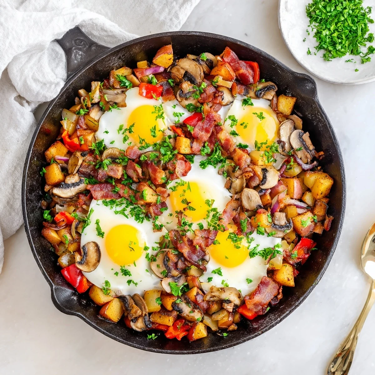 Hearty breakfast hash with eggs topped with sunny side up eggs and fresh green parsley garnish
