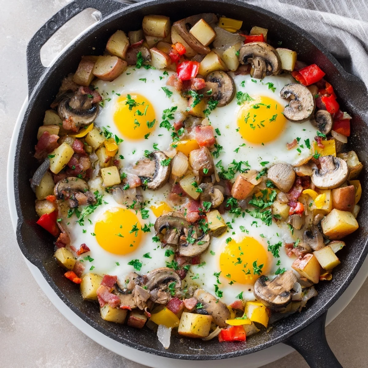 Savory skillet breakfast hash with eggs showcasing runny yolks nestled among bell peppers and browned potatoes
