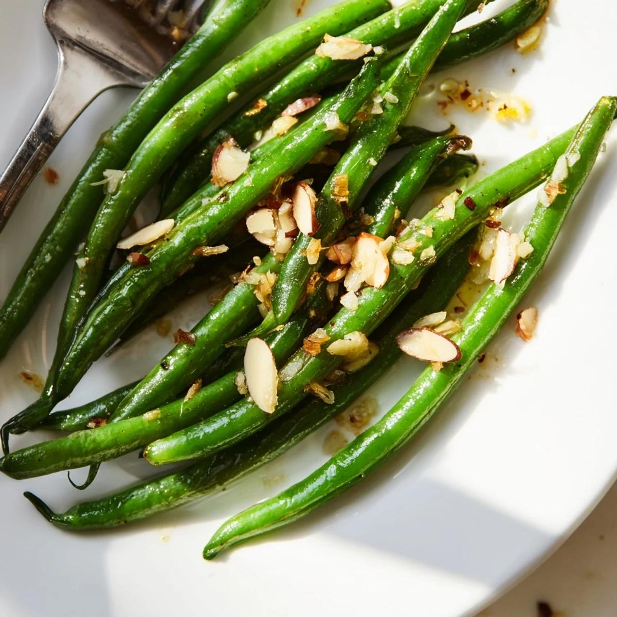 Vibrant sautéed green beans garnished with toasted almonds and lemon drizzle