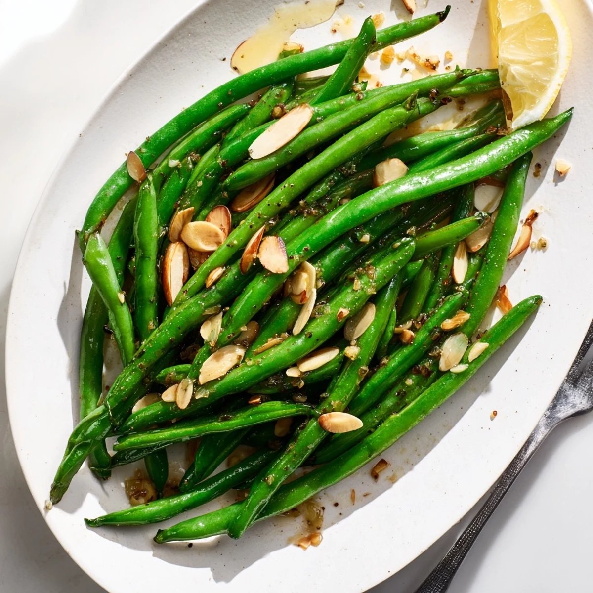 Fresh green beans sautéed with garlic and olive oil in a skillet