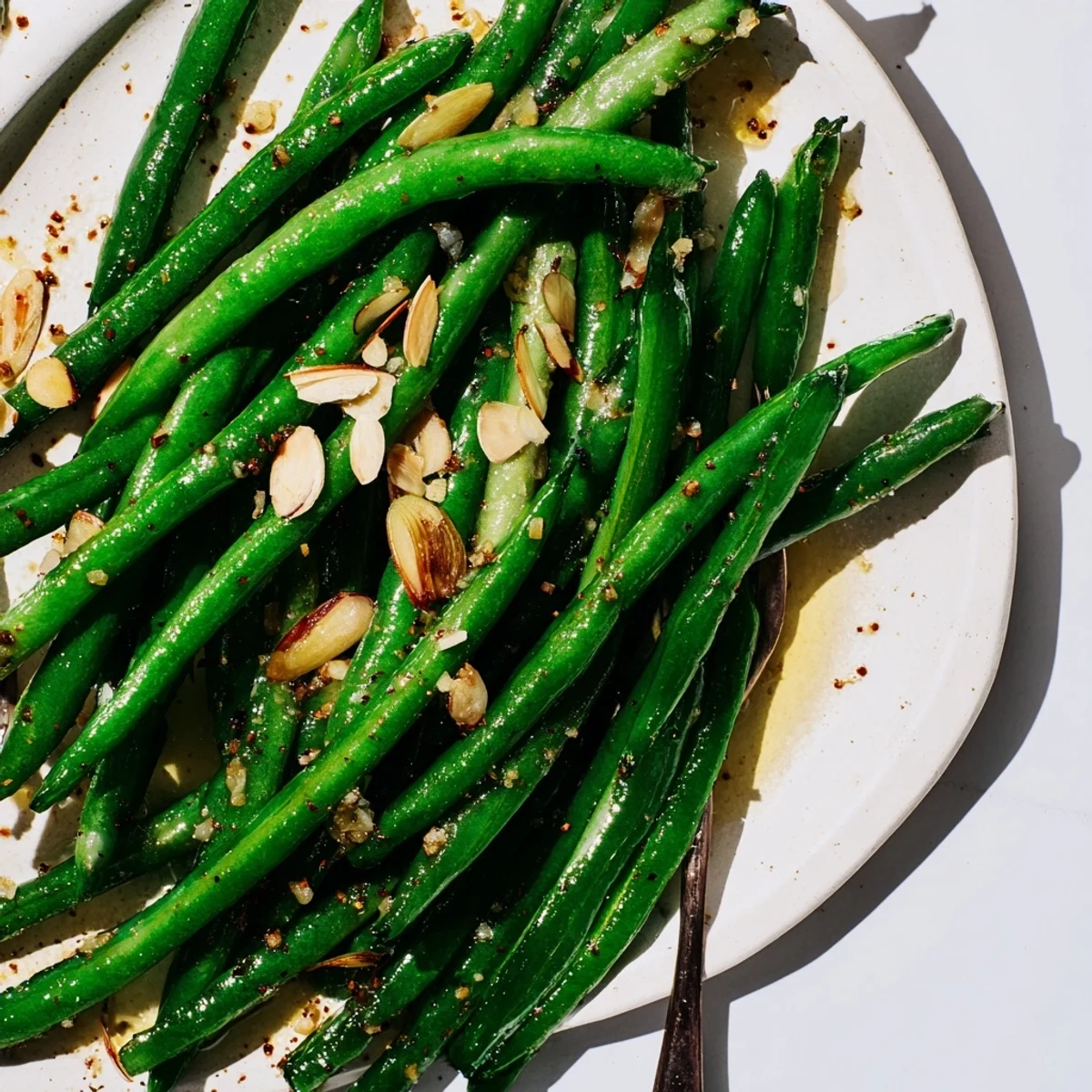 Golden garlic green beans served as a crispy vegetarian side dish