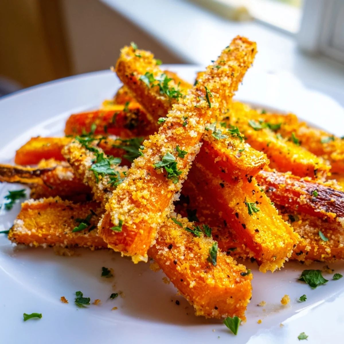Golden brown roasted carrot sticks coated in crispy Parmesan breadcrumb crust on a white baking sheet