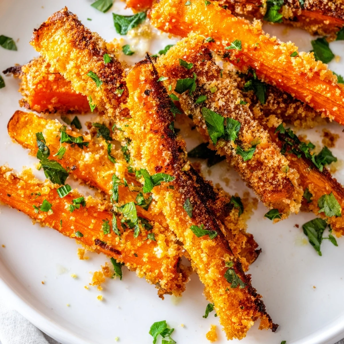 Tender carrot fingers baked with savory Italian seasoned Parmesan topping until perfectly golden and crunchy