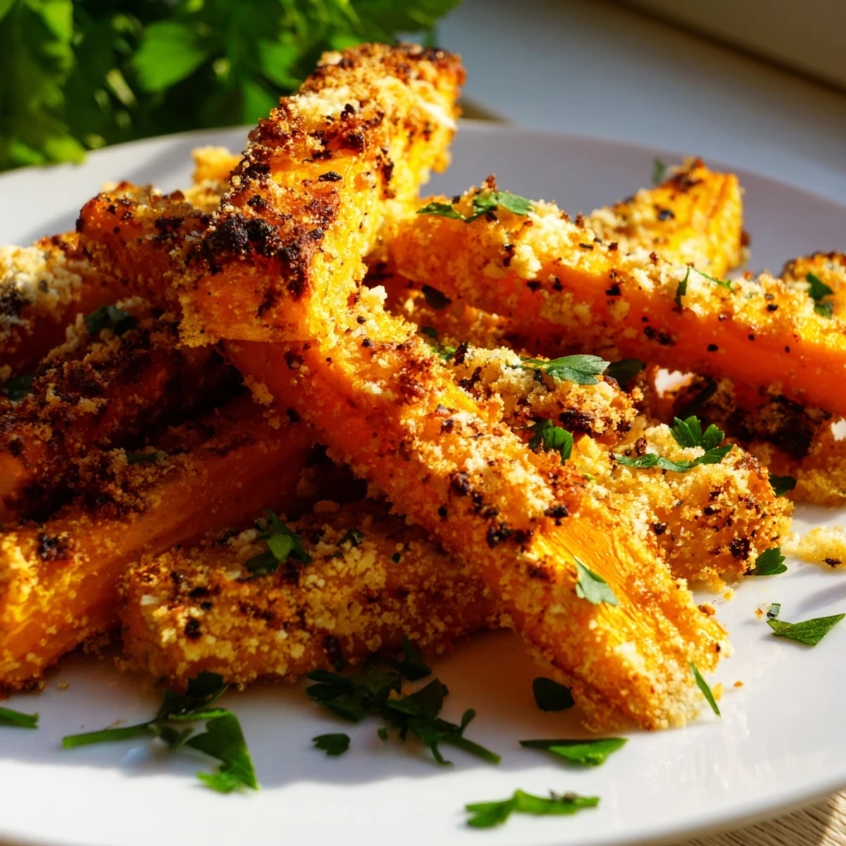 Oven roasted carrots with melted cheese and garlic herb breadcrumb coating arranged on parchment paper