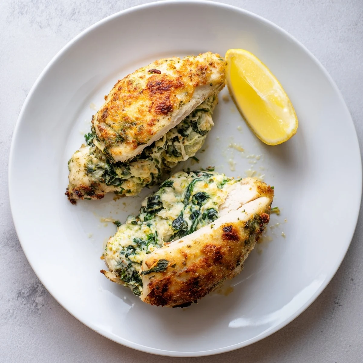 Golden baked chicken breast with feta and spinach stuffed inside, garnished with fresh lemon wedges on a white plate