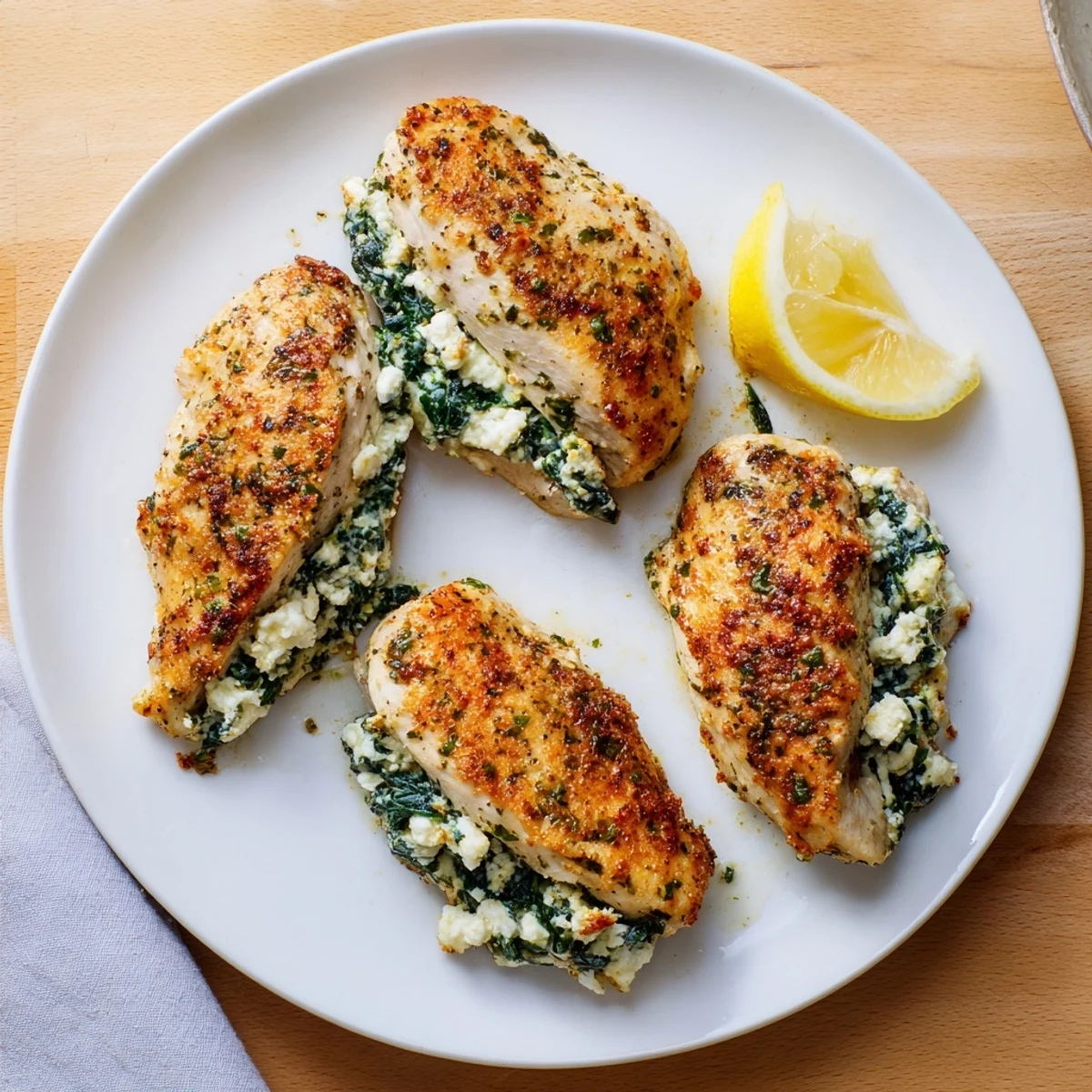 Juicy oven-roasted chicken breast featuring a creamy feta and spinach filling, perfectly cooked for a satisfying Mediterranean dinner