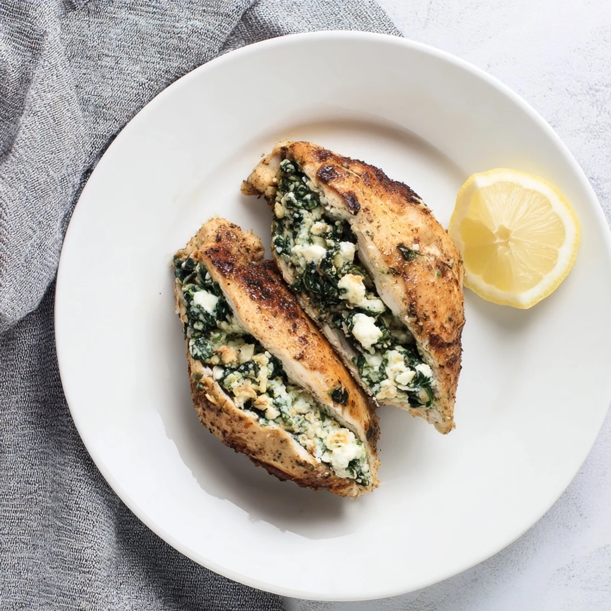 Close-up of tender stuffed chicken breast showcasing the savory feta spinach mixture oozing from the center