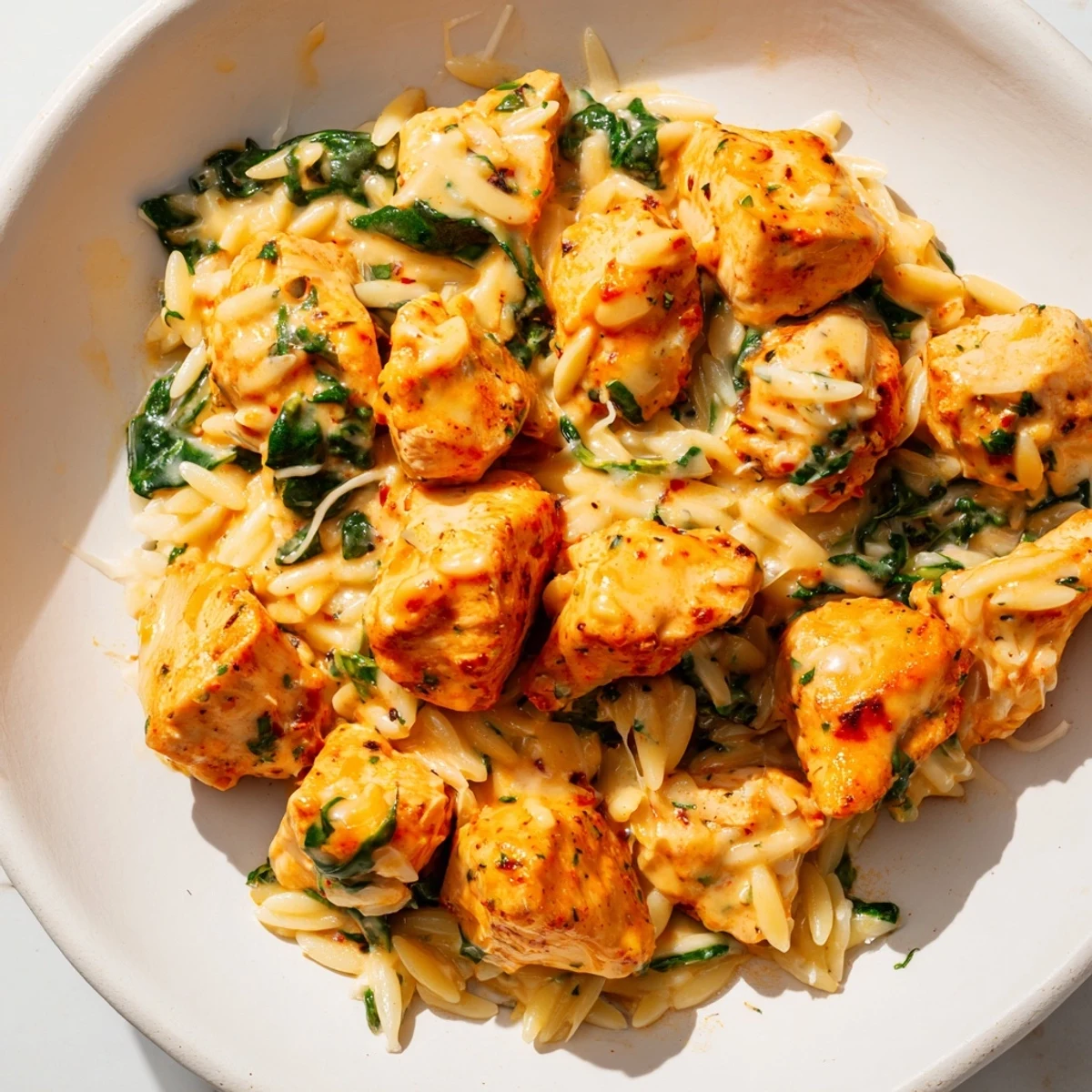 Creamy garlic butter Pepper Jack chicken orzo with wilted spinach in a white serving bowl