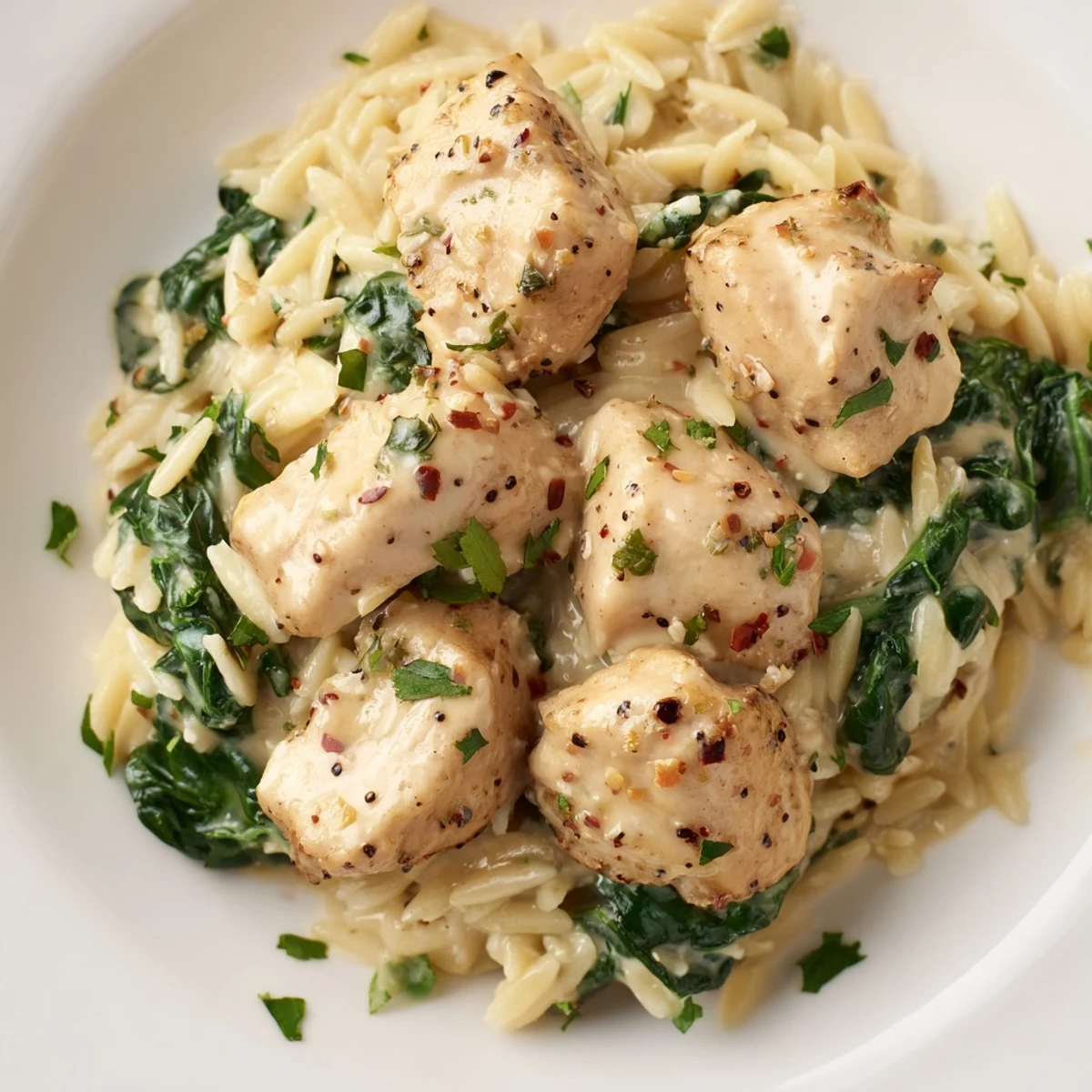 One-pan chicken orzo pasta dish topped with melted Pepper Jack cheese and fresh parsley garnish