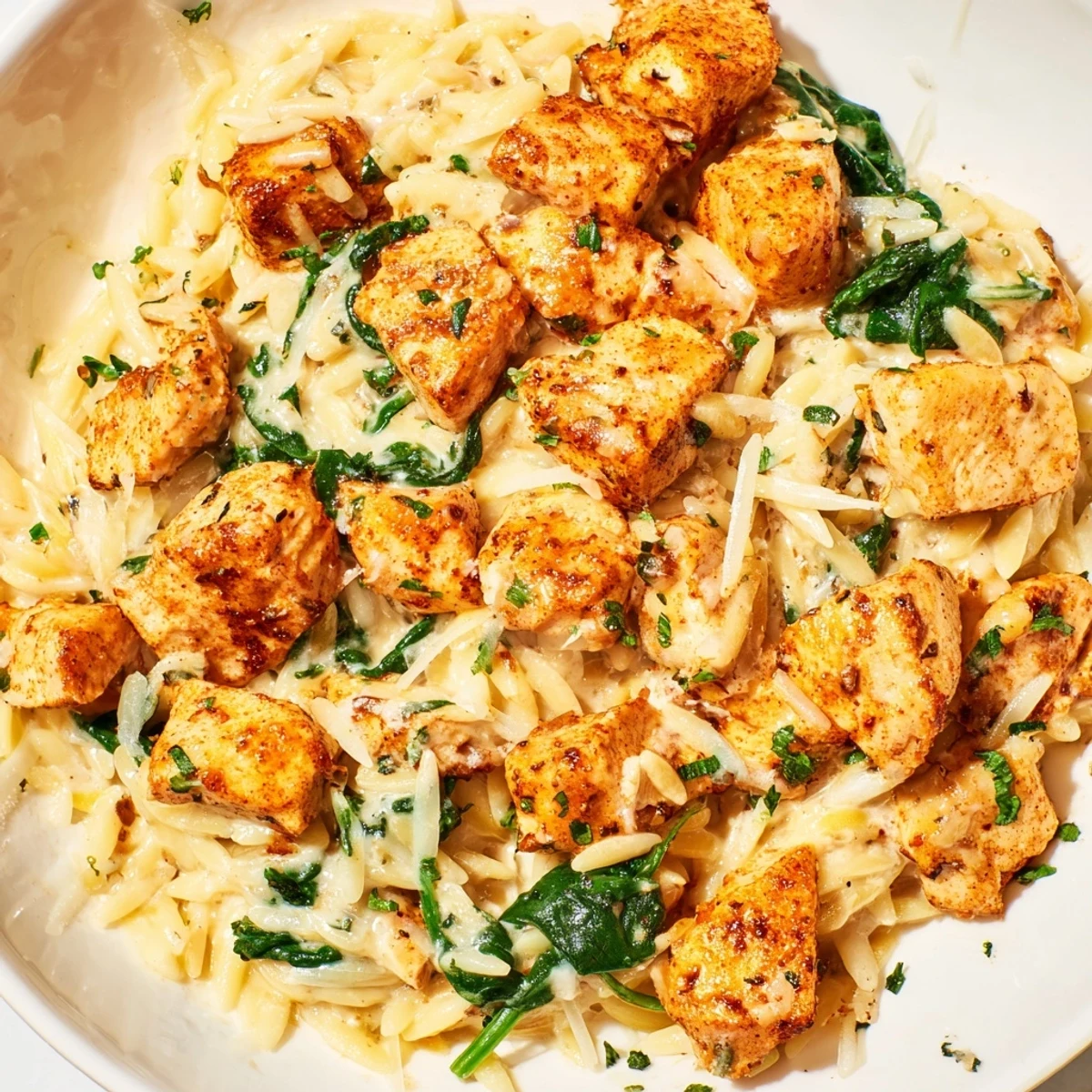 Tender chicken cubes mixed with creamy orzo and vibrant spinach in a rustic skillet