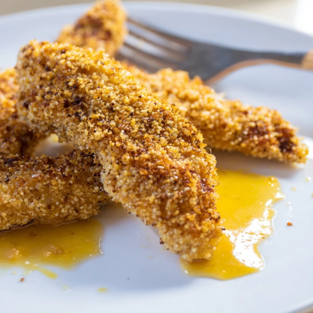 Golden honey mustard chicken tenders with crispy breaded coating served with tangy dipping sauce