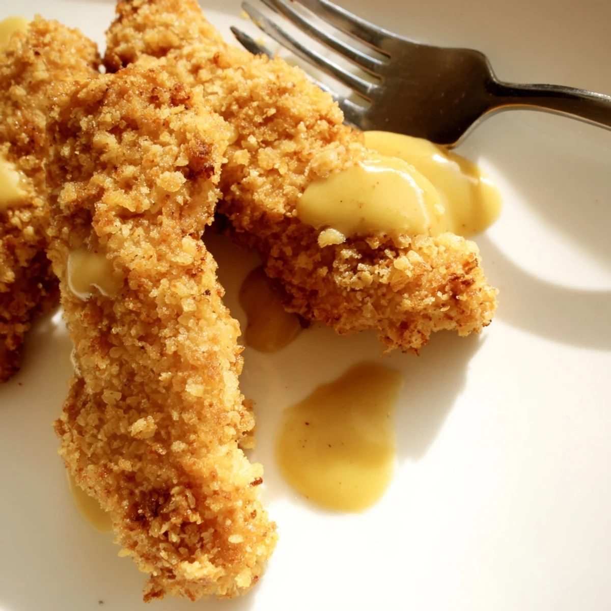 Crispy baked chicken strips drizzled with sweet honey mustard sauce on a white serving platter