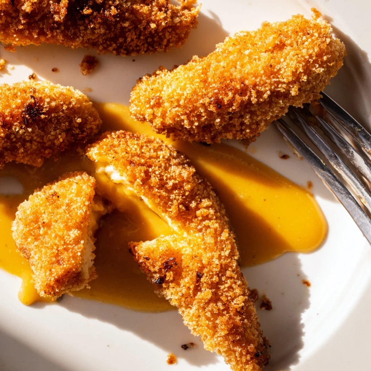 Golden brown fried chicken tenders arranged beside ramekin of homemade honey mustard dipping sauce