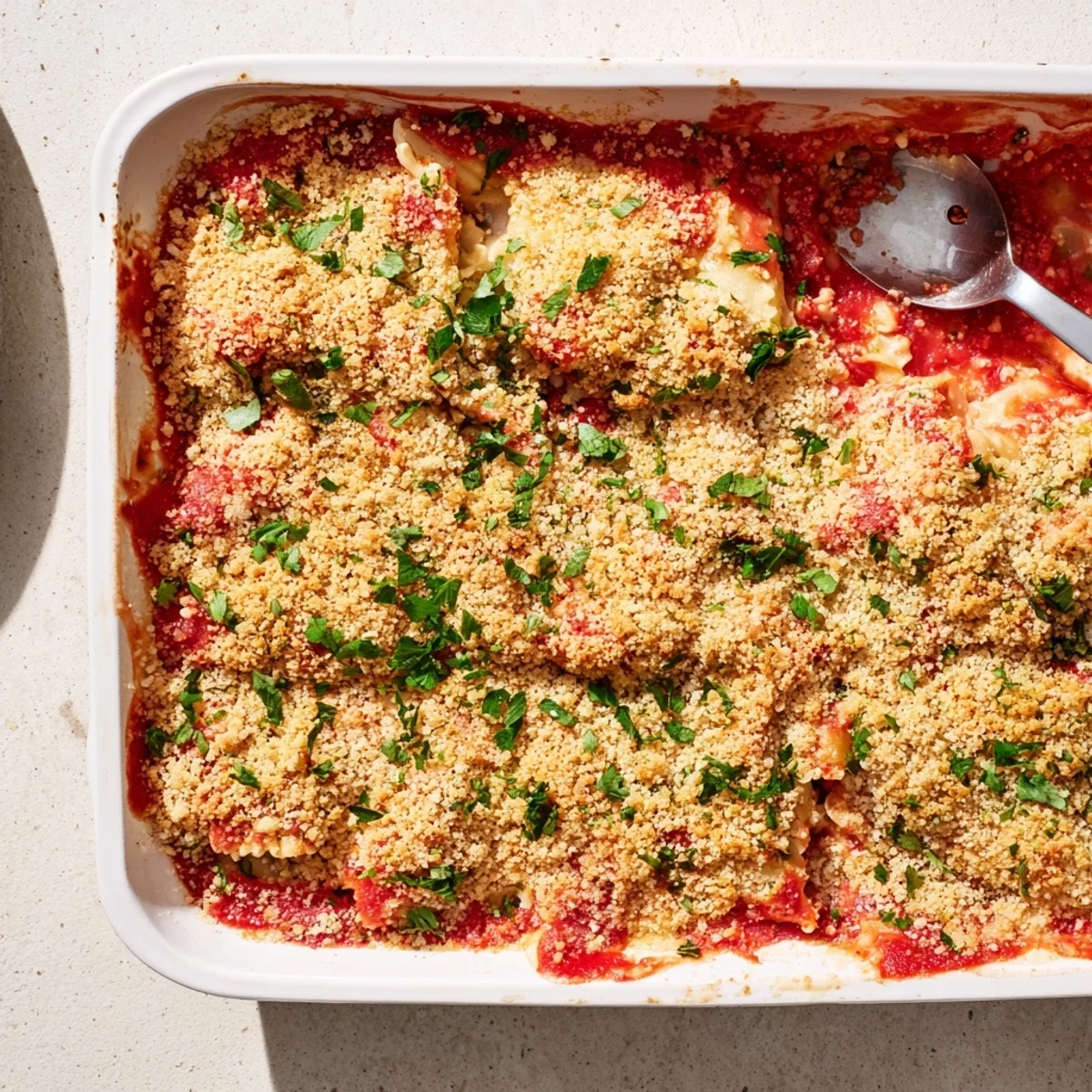 Creamy Chicken Parmesan Casserole baked in a dish with melted cheese and fresh parsley garnish