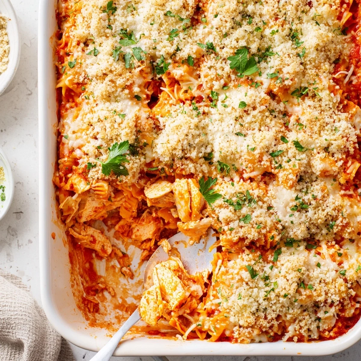Golden brown Chicken Parmesan Casserole with bubbling mozzarella and crispy buttered breadcrumb topping