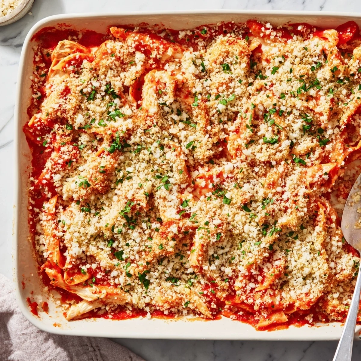 Bubbling Chicken Parmesan Casserole fresh from the oven with gooey cheese and golden panko crust