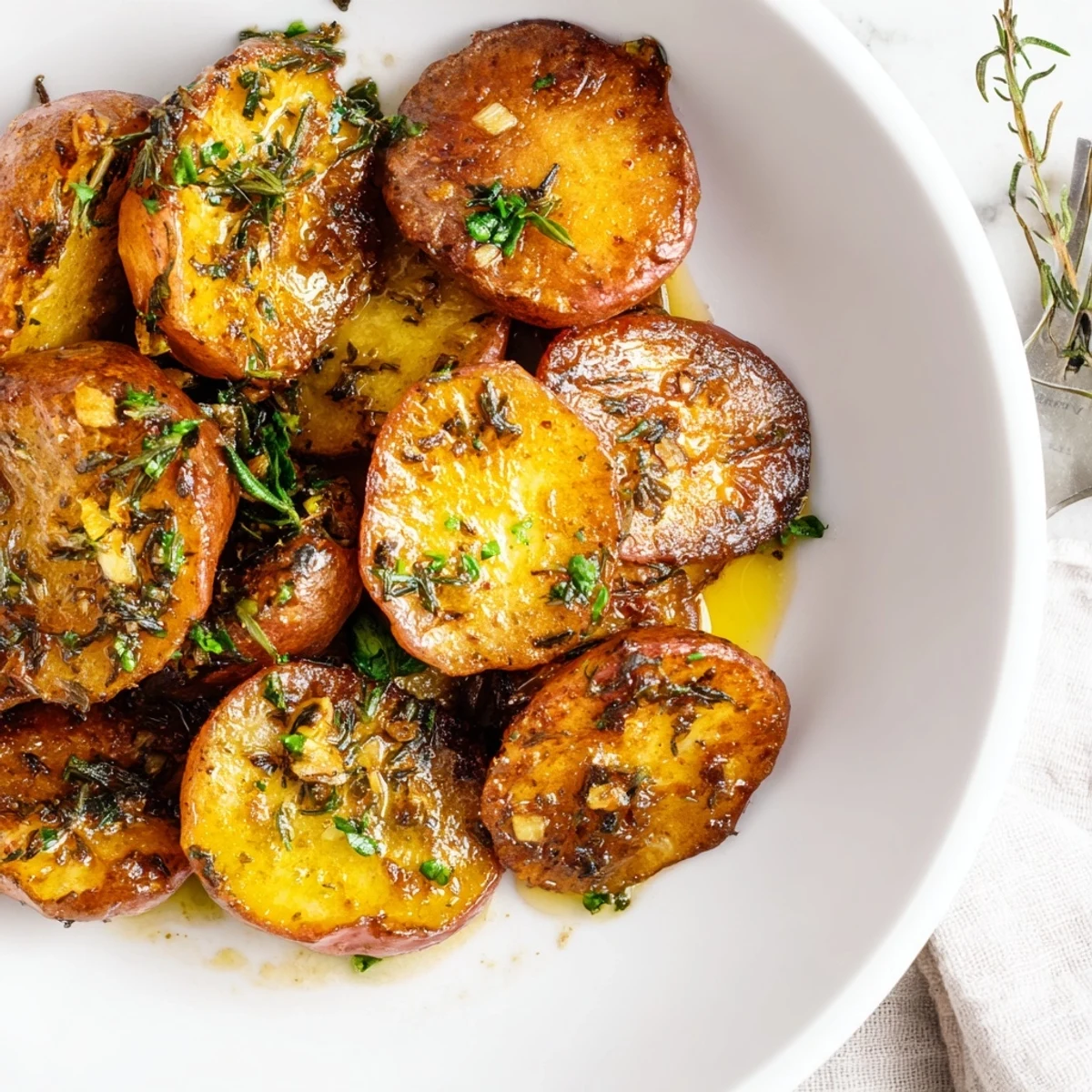 Golden brown Savory Garlic Herb Roasted Radishes arranged on a white serving plate with fresh parsley garnish