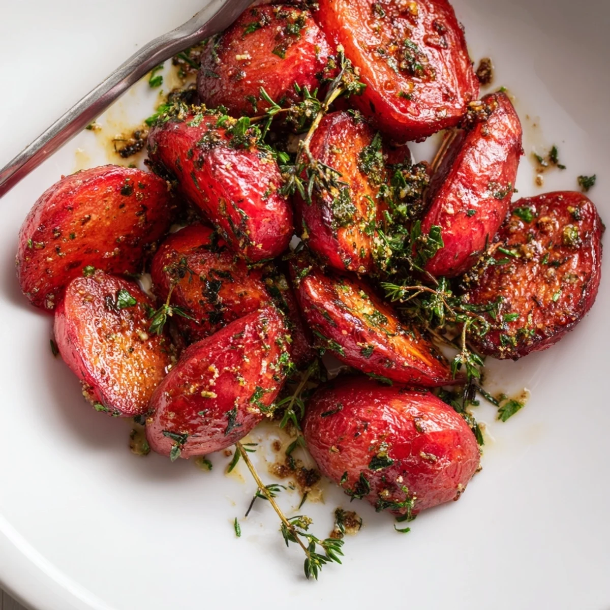 Baking sheet filled with caramelized garlic herb roasted radishes, perfectly seasoned for a healthy vegetable side dish