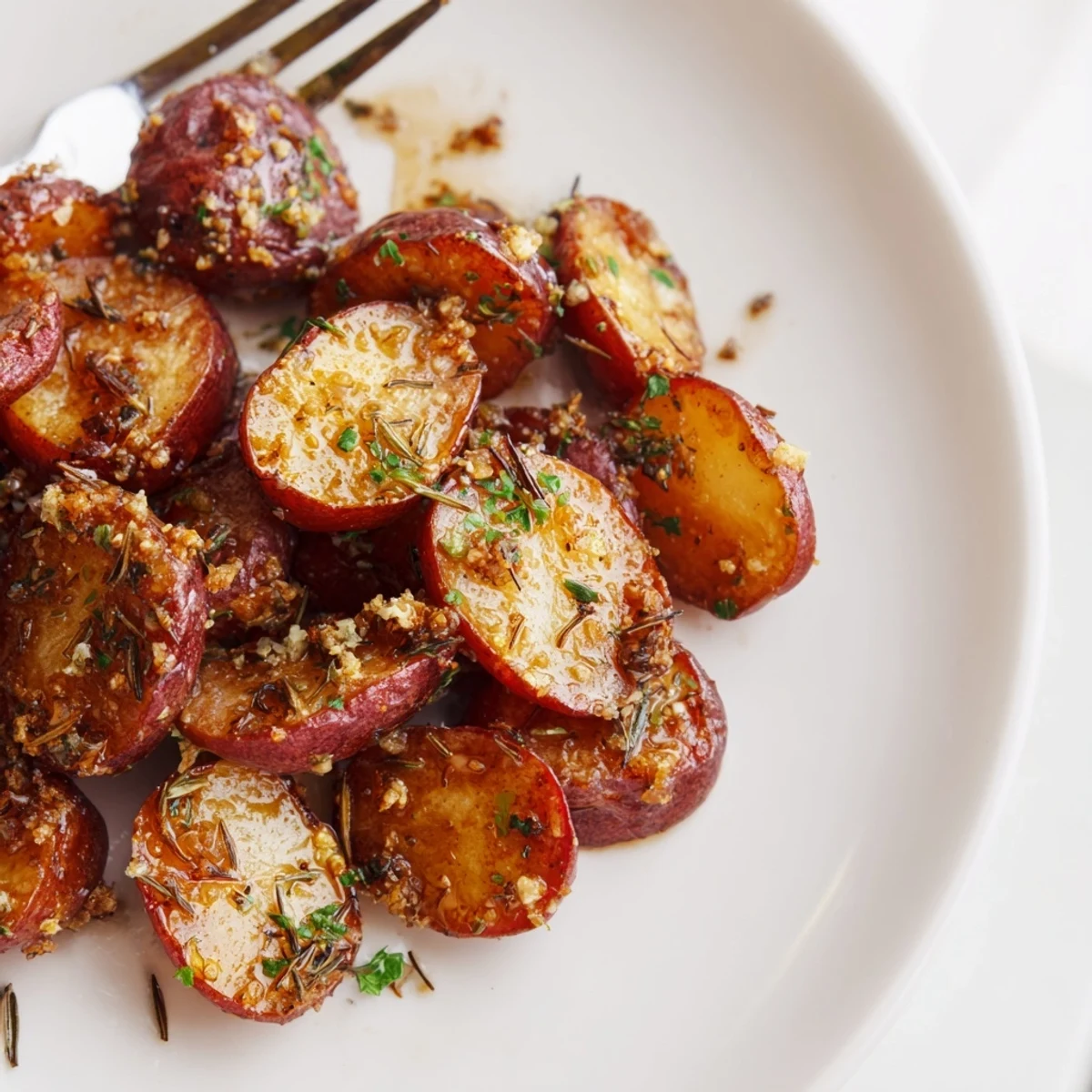 Fork-tender roasted radishes tossed with garlic and dried herbs, a delicious low-carb side dish alternative to potatoes