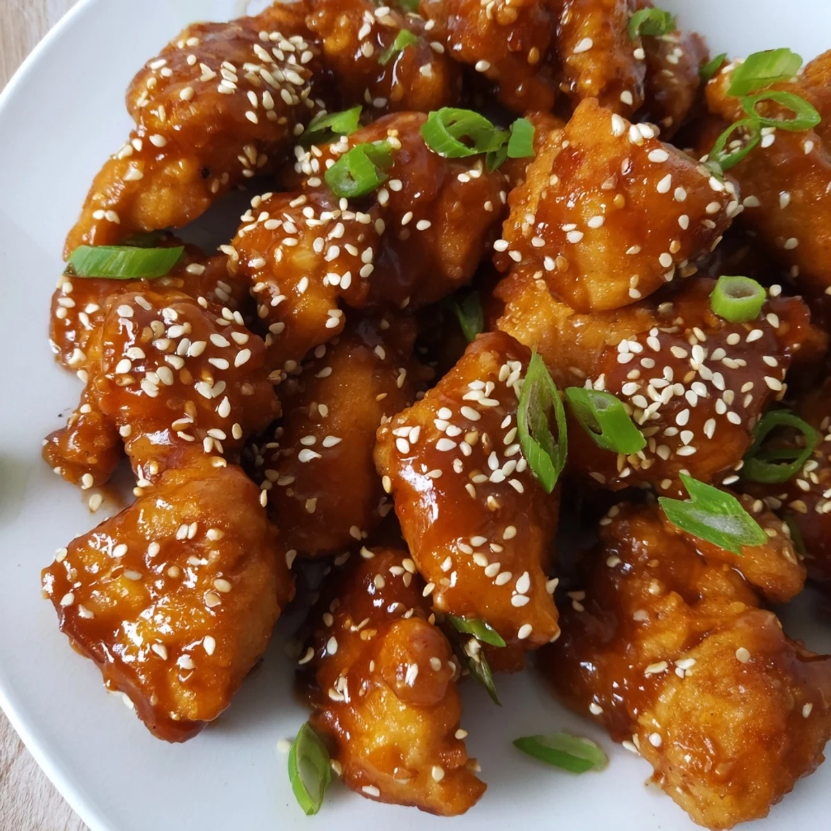 Asian fusion spicy honey sriracha chicken plated over white rice with garnish