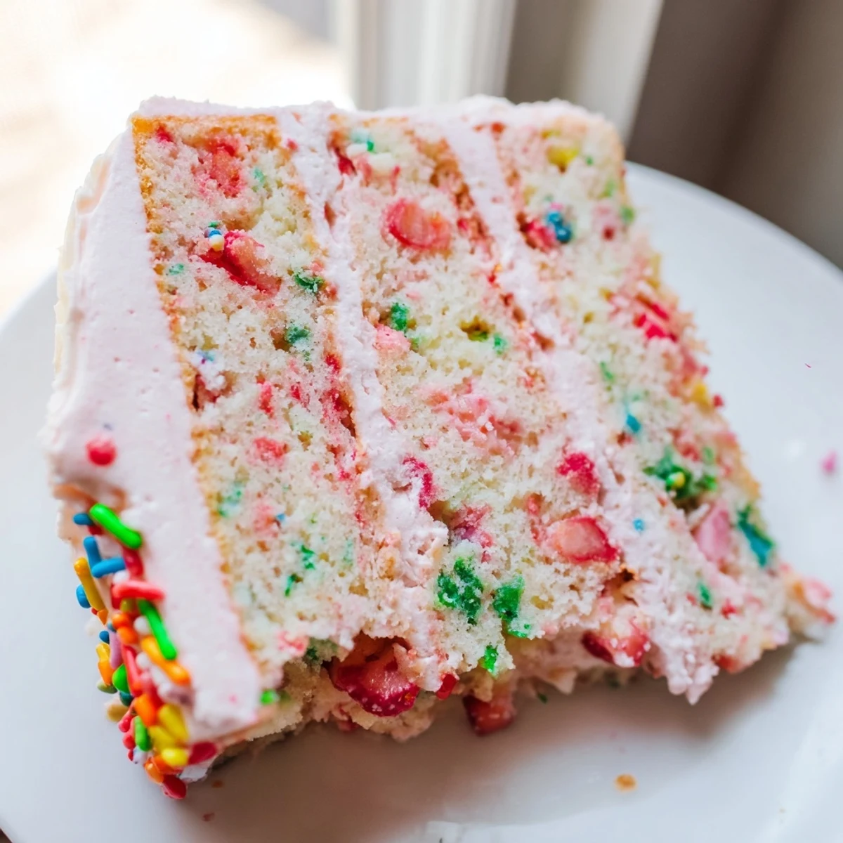 Whimsical strawberry funfetti cake layered with pink strawberry buttercream and rainbow sprinkles