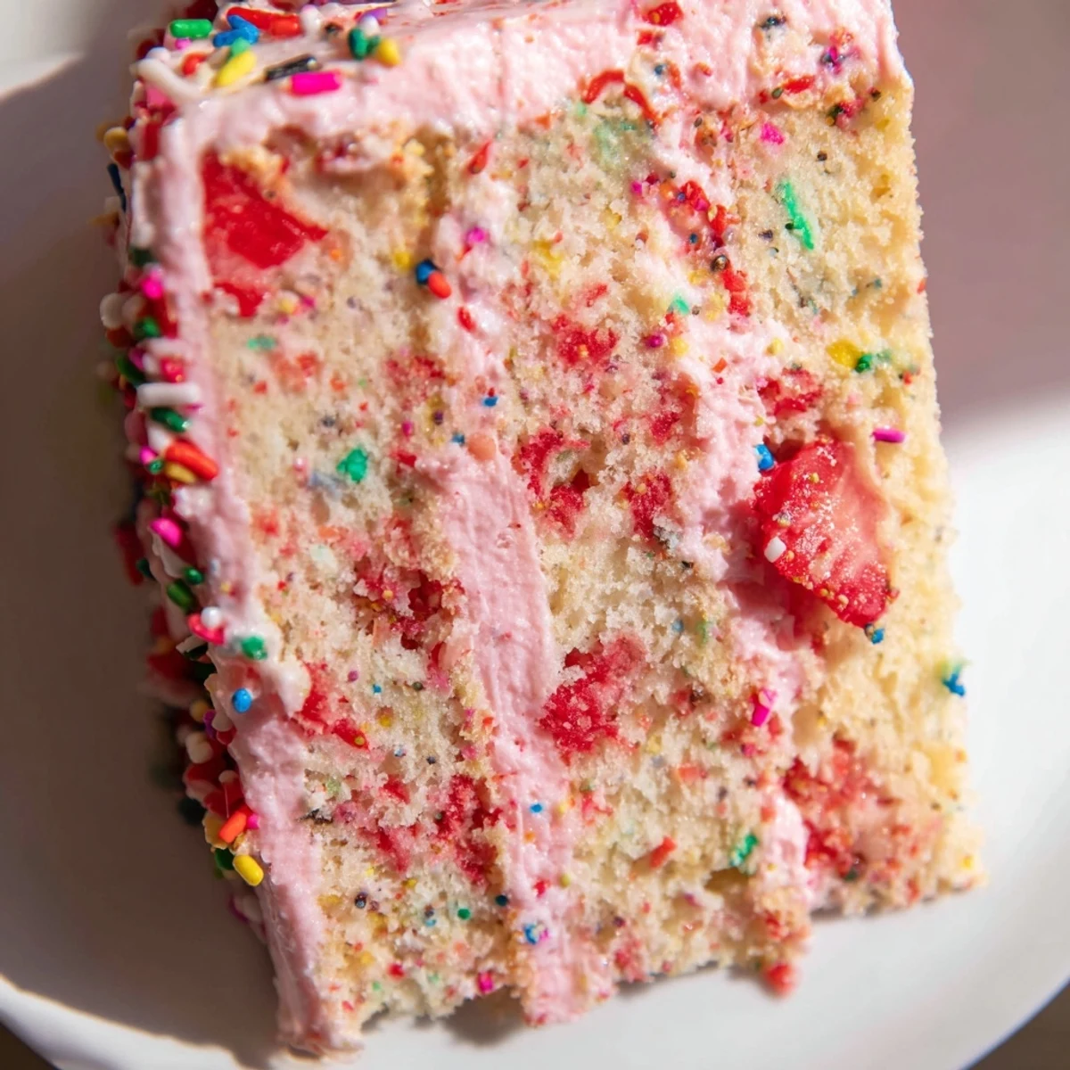 Two-layer strawberry funfetti cake with creamy strawberry buttercream and vibrant rainbow jimmies sprinkles