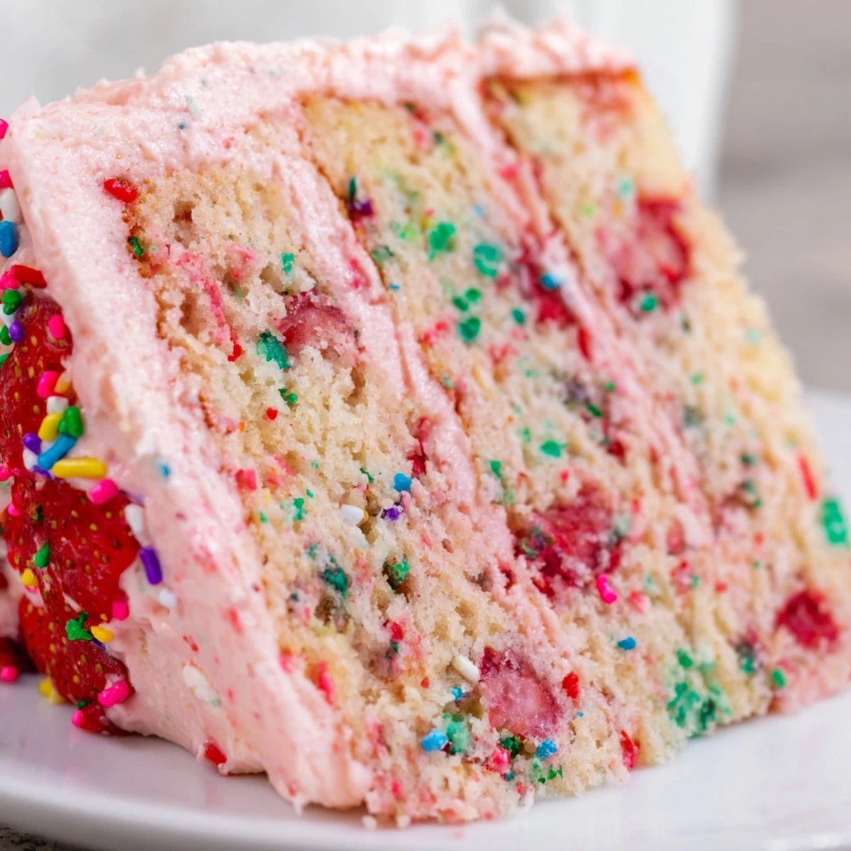 Pink frosted strawberry funfetti cake slice topped with fresh strawberries and colorful confetti