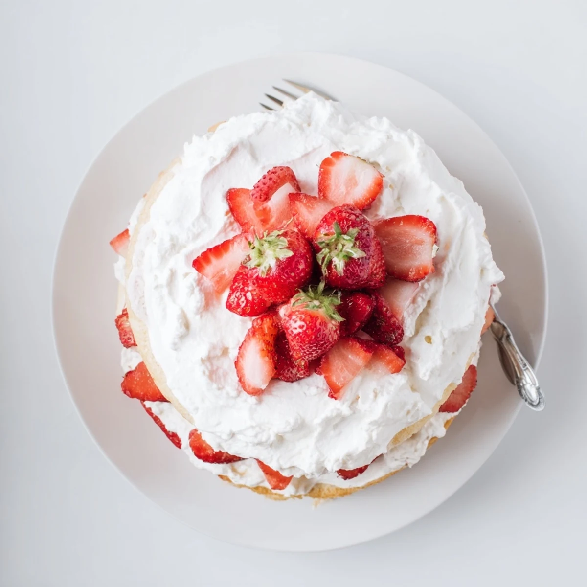 Golden vanilla layer cake stacked with juicy macerated strawberries and clouds of whipped cream