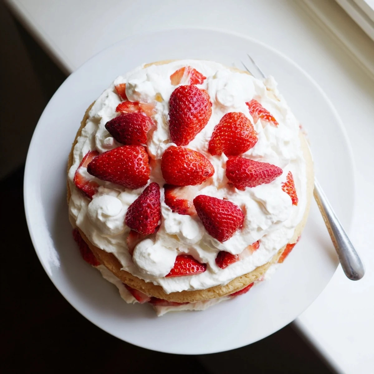 Dessert table centerpiece featuring triple-layer strawberry shortcake cake with fresh red berry slices