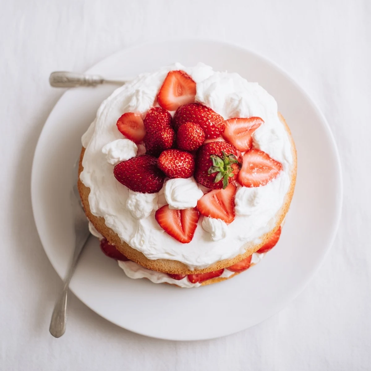 Tall slice of American strawberry shortcake cake oozing sweet strawberry filling and white cream